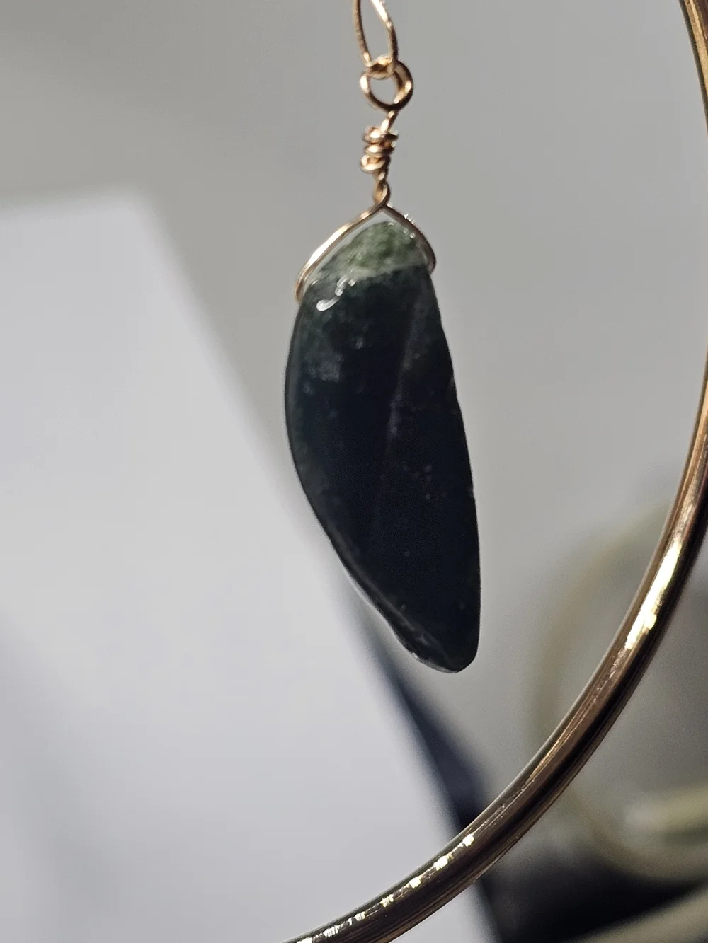 Gold Metal Hoop Hanging Pendant with Dark Green Stone